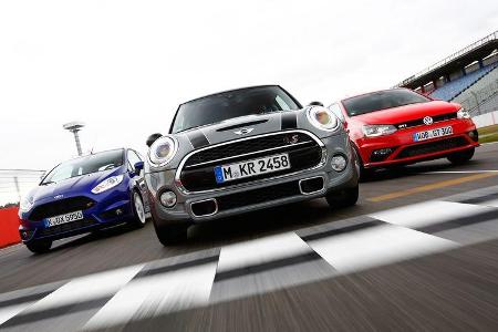 VW Polo GTI, Ford Fiesta ST, Mini Cooper S, Frontansicht VW Polo GTI, Ford Fiesta ST, Mini Cooper S, Frontansicht