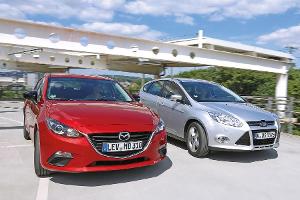 Ford Focus 1.0 Ecoboost, Mazda 3 Skyaktiv-G 100, Frontansicht