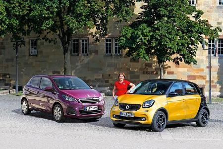 Peugeot 108 VTi 68, Smart Forfour 1.0, Seitenansicht Peugeot 108 VTi 68, Smart Forfour 1.0, Seitenansicht