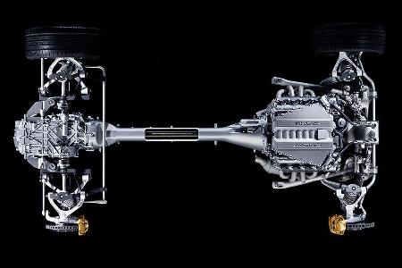 Die gewählte Lösung Frontmittelmotor plus Transaxle-Anordnung sorgt für eine i-deale Gewichtsverteilung von 48 Prozent vorn ...