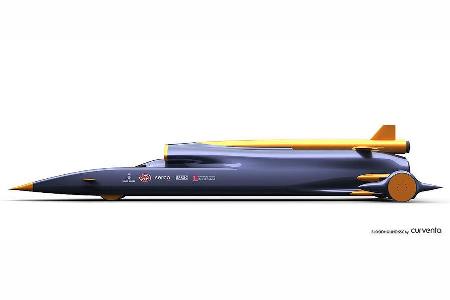 Der Bloodhound SSC ist eine 12,8 Meter lange Rakete auf Rädern, die trotz Kohlefaserbauweise auf knapp 6,5 Tonnen Gewicht ko...