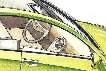 Einblick ins Cockpit: Lenkrad mit zwei Speichen und mittig angeordnetes Cockpit.