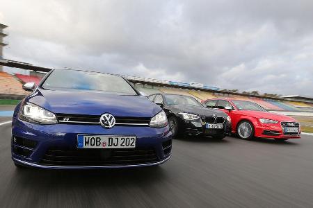 VW Golf R, Audi S3 Sportback, BMW M135i xDRIVE, Frontansicht VW Golf R, Audi S3 Sportback, BMW M135i xDRIVE, Frontansicht