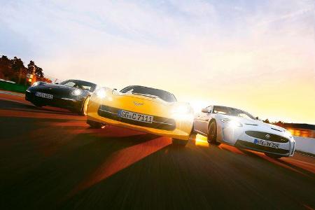 Corvette C7 Stingray, Porsche 911 Carrera S, Jaguar XKR-S, Frontansicht Corvette C7 Stingray, Porsche 911 Carrera S, Jaguar XKR-S, Frontansicht