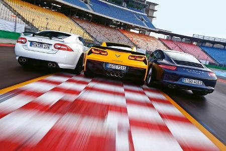 Corvette C7 Stingray, Porsche 911 Carrera S, Jaguar XKR-S, Heckansicht