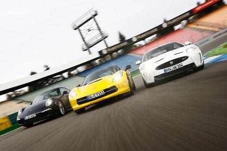 Corvette C7 Stingray, Porsche 911 Carrera S, Jaguar XKR-S, Frontansicht