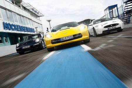 Corvette C7 Stingray, Porsche 911 Carrera S, Jaguar XKR-S, Frontansicht