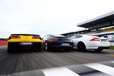 Corvette C7 Stingray, Porsche 911 Carrera S, Jaguar XKR-S, Heckansicht