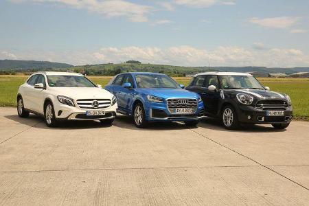 Audi Q2, Mercedes GLA, Mini Countryman, Frontansicht Audi Q2, Mercedes GLA, Mini Countryman, Frontansicht