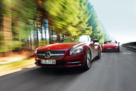 Mercedes SL 500, Porsche 911 Carrera S Cabrio, Frontansicht Mercedes SL 500, Porsche 911 Carrera S Cabrio, Frontansicht