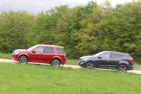 Hyundai Santa Fe 2.2 CR Di 4WD, Land Rover Freelander 2.2 SD4, Seitenansicht Hyundai Santa Fe 2.2 CR Di 4WD, Land Rover Freelander 2.2 SD4, Seitenansicht