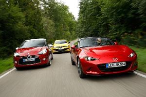 DS 3, Renault Mégane R.S., Mazda MX-5 im Test
