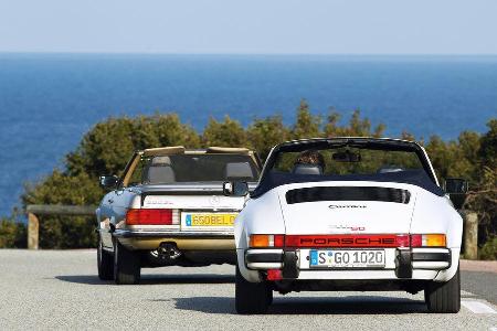 Mercedes 500 SL, Porsche 911 Carrera Cabriolet, Heckansicht