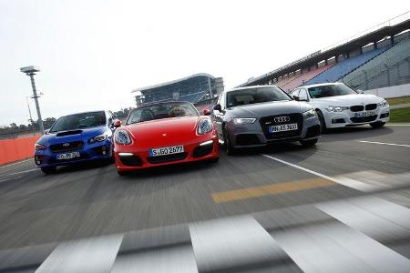 Audi RS 3 Sportback, BMW 335d xDrive, Porsche Boxster, Subaru WRX STI