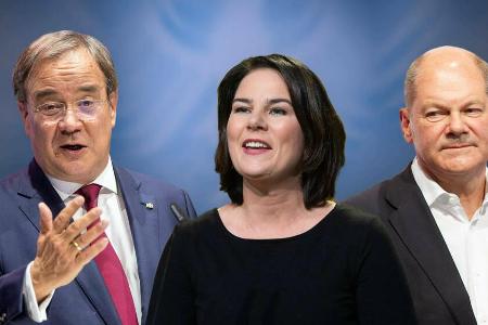 Die Politiker Annalena Baerbock, Armin Laschet (l.) und Olaf Scholz treten in mehreren Triellen gegeneinander an. Die Politiker Annalena Baerbock, Armin Laschet (l.) und Olaf Scholz treten in mehreren Triellen gegeneinander an.