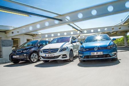 BMW i3, Mercedes B-Klasse Electric Drive, VW e-Golf, Frontansicht BMW i3, Mercedes B-Klasse Electric Drive, VW e-Golf, Frontansicht