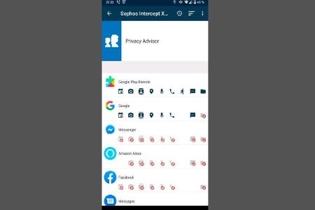 Im „Privacy Advisor“ der Sophos-App wird aufgelistet, welche und wie viele Berechtigungen eine App angefordert und genehmigt...