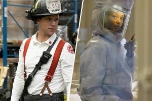 Jesse Spencer als Matthew Casey in "Chicago Fire" (li.) und Yaya DeCosta als April Sexton in "Chicago Med".