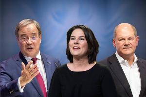 (v.l.n.r.) Armin Laschet (CDU), Annalena Baerbock (Grüne) und Olaf Scholz (SPD) treten am Sonntag zu ihrer ersten Dreier-TV-...
