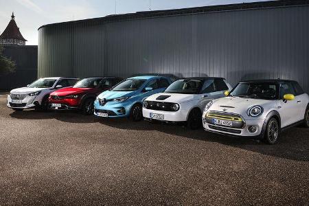 Honda E Advance, Mazda MX-30, Mini Cooper S E Trim L, Peugeot e-2008 Allure, Renault Zoe R135 50 Intens, Exterieur Honda E Advance, Mazda MX-30, Mini Cooper S E Trim L, Peugeot e-2008 Allure, Renault Zoe R135 50 Intens, Exterieur