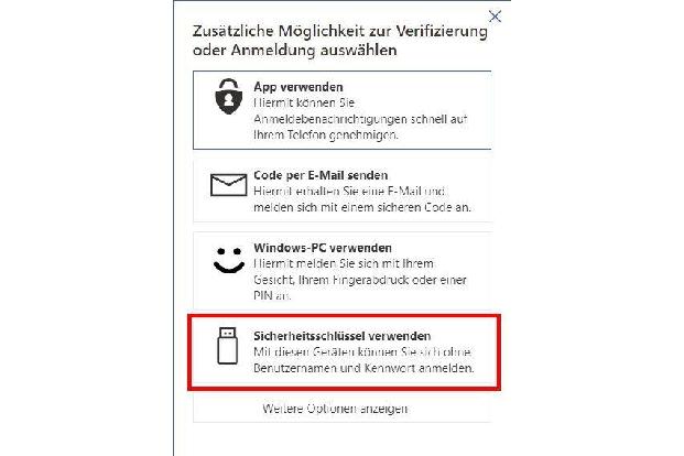 Für das Microsoft-Konto lässt sich zusätzlich auch eine Anmeldung per Fido-2-Stick einrichten.