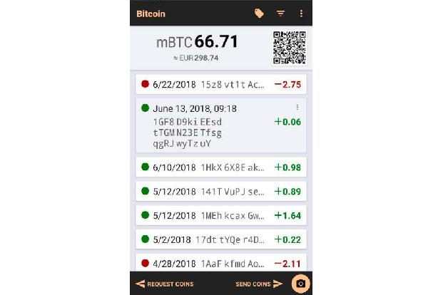 So sieht die klassische Bitcoin Wallet für Android aus. Sie zeigt den aktuellen Wert der Wallet in Bitcoin und Euro an sowie die letzten Transaktionen. Der QR-Code dient als Adresse der Wallet.