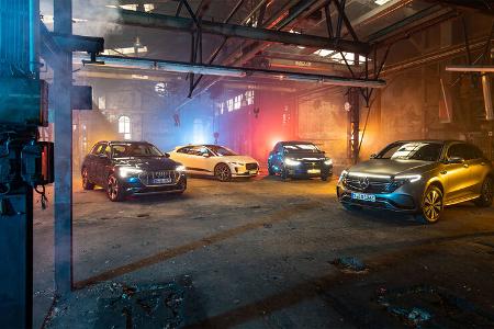 Audi E-Tron 55 Quattro Advanced, Jaguar I-Pace HSE, Mercedes EQC, Tesla Model X Maximale Reichweite, Exterieur Audi E-Tron 55 Quattro Advanced, Jaguar I-Pace HSE, Mercedes EQC, Tesla Model X Maximale Reichweite, Exterieur