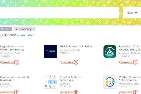 Die Suche nach Privacy Score 5 liefert bei Appchecker einige Wetter- und WLAN-Apps, aber auch verschiedene Info-Apps, die unnötige Berechtigungen verlangen. Von denen sollten Sie die Finger lassen. Die Suche nach Privacy Score 5 liefert bei Appchecker einige Wetter- und WLAN-Apps, aber auch verschiedene Info-Apps, die unnötige Berechtigungen verlangen. Von denen sollten Sie die Finger lassen.