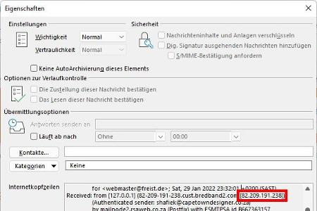 Neben dem untersten „Received“-Eintrag steht die IP-Adresse des Mailservers, über den die Nachricht ursprünglich verschickt wurde. Prüfen Sie die Adresse beispielsweise über WhatIsMyIPAddress.com.