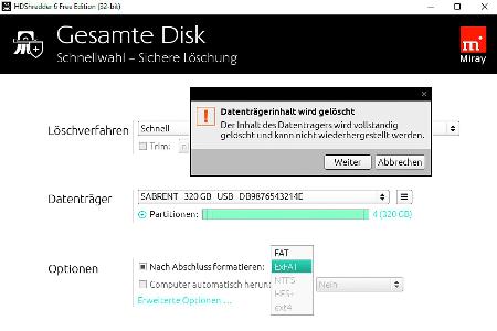 Das Löschverfahren steht in der Free Edition fest, in der Mitte wählt man den zu überschreibenden Datenträger aus, unten folgt dann die Formatierung.