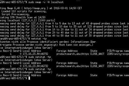 Erst haben wir mit einem Standard-Nmap-Scan die ersten 1000 Ports unseres Tuxedo-Notebooks überprüft. Anschließend starteten wir netstat -tp. Dabei entdeckten wir, dass für die Ubuntu-Online-Produktsuche ein Port offen ist. Unter 