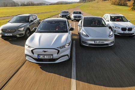 BMW IX3, Ford Mustang Mach-E, Jaguar I-Pace, Mercedes EQC 400, Tesla Model Y, Volvo XC40 Recharge BMW IX3, Ford Mustang Mach-E, Jaguar I-Pace, Mercedes EQC 400, Tesla Model Y, Volvo XC40 Recharge