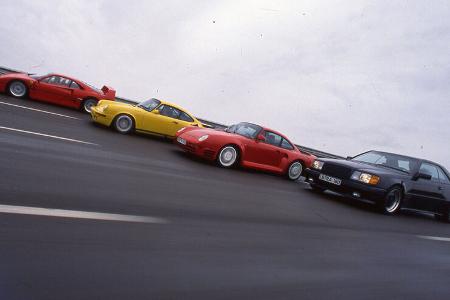Ferrari F 40, Mercedes AMG 6.0 32 V, Porsche 959, Ruf-Porsche CTR, Hochgeschwindigkeits-Vergleich 1988