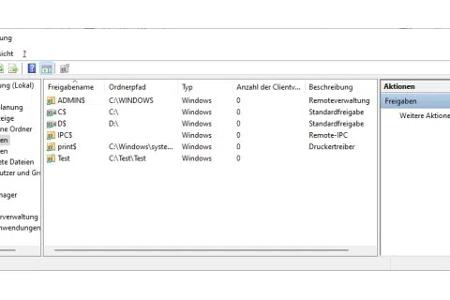 Die Computerverwaltung liefert eine Übersicht, welche Freigaben auf dem Rechner aktuell eingerichtet sind und wie viele Nutzer darauf zugreifen.