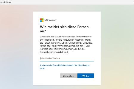 Nach Klick auf „Ich kenne die Anmeldeinformationen für diese Person nicht“ kann ein neues Konto mit lokaler Anmeldung problemlos erstellt werden.