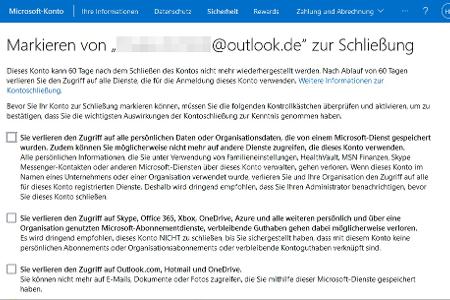 Vor dem Löschen eines Kontos bei Microsoft müssen Sie etliche Hinweise akzeptieren, die Sie auf die Konsequenzen hinweisen.