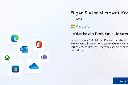 Die Anmeldung mit einer ungültigen E-Mail- Adresse führt zu einer Fehlermeldung. Danach lässt sich ein lokales Konto konfigurieren.