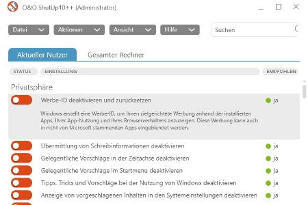 Das Tool O&O Shutup ermöglicht die schnelle Konfiguration von Datenschutzeinstellungen mit wenigen Klicks. Die Spalte „Empfohlen“ hilft bei der Entscheidung.