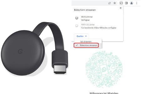 Bequemer als per HDMI-Kabel ist Videoübertragung über den Chrome-Browser in Kombination mit dem Streaminggerät Google Chromecast.