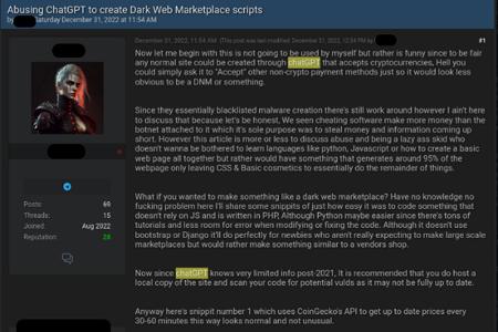 Die Mitglieder dieses Untergrundforums erörtern Möglichkeiten, wie KI-Chat-GPT für die Nutzung auf einem Darknet-Marktplatz eingesetzt werden könnte, auf dem gestohlene digitale Waren zum Verkauf angeboten werden.