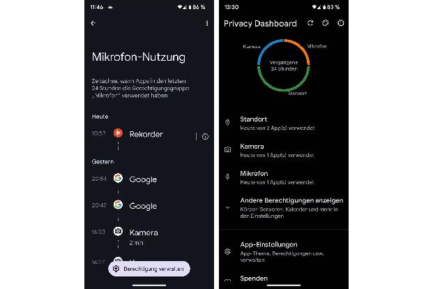 Seit Android 12 stellt Google das Privatsphärendashboard in der Einstellungs-App zur Verfügung. Dieses Dashboard zeigt die Berechtigungen von Apps für dreizehn verschiedene Punkte wie beispielsweise 