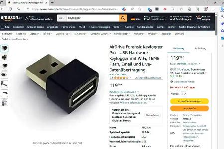 Bei Keyloggern handelt es sich frei erhältliche Spionagegeräte. Geschaltet zwischen USB-Port und Tastatur, schicken sie die aufgezeichneten Eingaben per WLAN als E-Mail an eine beliebige Adresse.