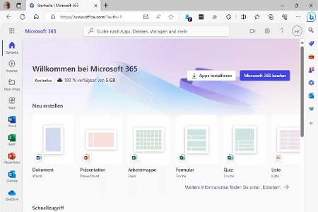 Auf der Startseite von Office-Online können Sie links die gewünschte Anwendung wählen oder direkt mit einem neuen, leeren Dokument starten.