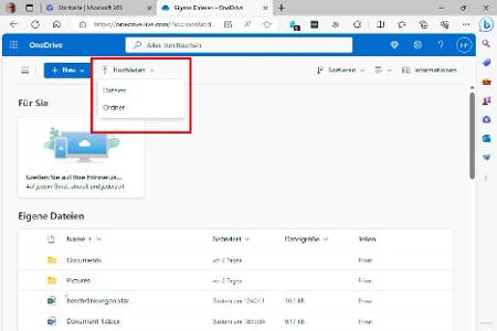 Über „Hochladen“ können Sie in Dateien oder Ordner von der lokalen Festplatte zu Onedrive laden. Von dort aus lassen sich Dateien in Word, Powerpoint & Co. öffnen.
