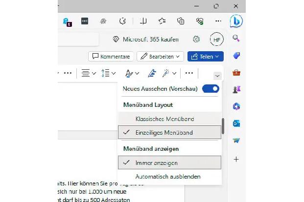 Online gibt es bei den Office-Programmen die Möglichkeit, beim Menüband zwischen einer reduzierten und einer klassischen Version zu wechseln.