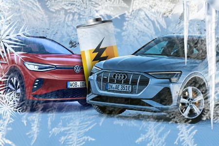Audi E-Tron VW ID.4 Kälte Schnee Winter Collage Audi E-Tron VW ID.4 Kälte Schnee Winter Collage