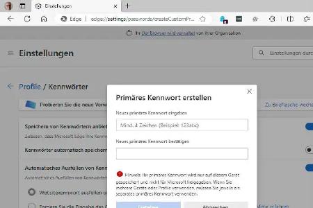 In Edge können Sie eine Art Masterpasswort definieren. Dieses Kennwort wird immer dann eingeben, bevor der Passwortmanager die Anmeldedaten für eine Website oder einen Onlinedienst ausfüllt.
