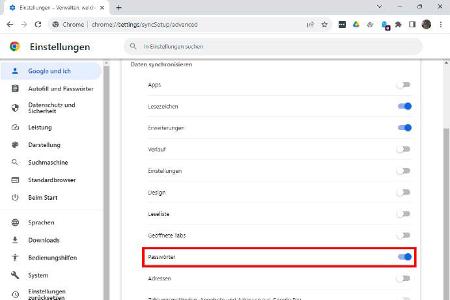 Der Passwortmanager von Chrome synchronisiert in der Voreinstellung automatisch mit dem Google-Konto. Unter „Google und ich“ finden Sie den zugehörigen Schalter.