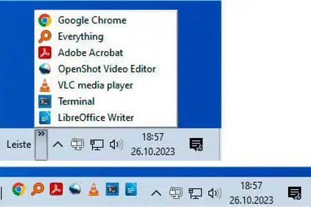 Es ist möglich, unter Windows 10 über eine individuelle Symbolleiste Programme mittels Verknüpfungen zu starten. Die Leiste kann auch auf die Anzeige von Icons beschränkt werden (unten).