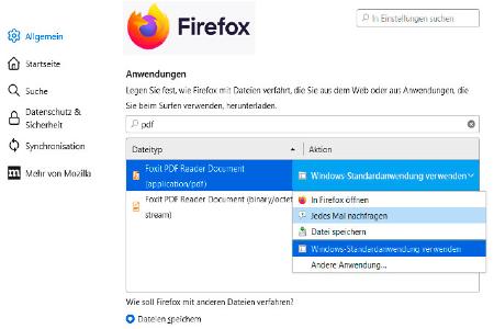 Sie bestimmen nicht in Windows, sondern im Browser, mit welchem Programm ein PDF-Dokument aus dem Internet geöffnet wird. Dies wird hier am Beispiel von Firefox erklärt.